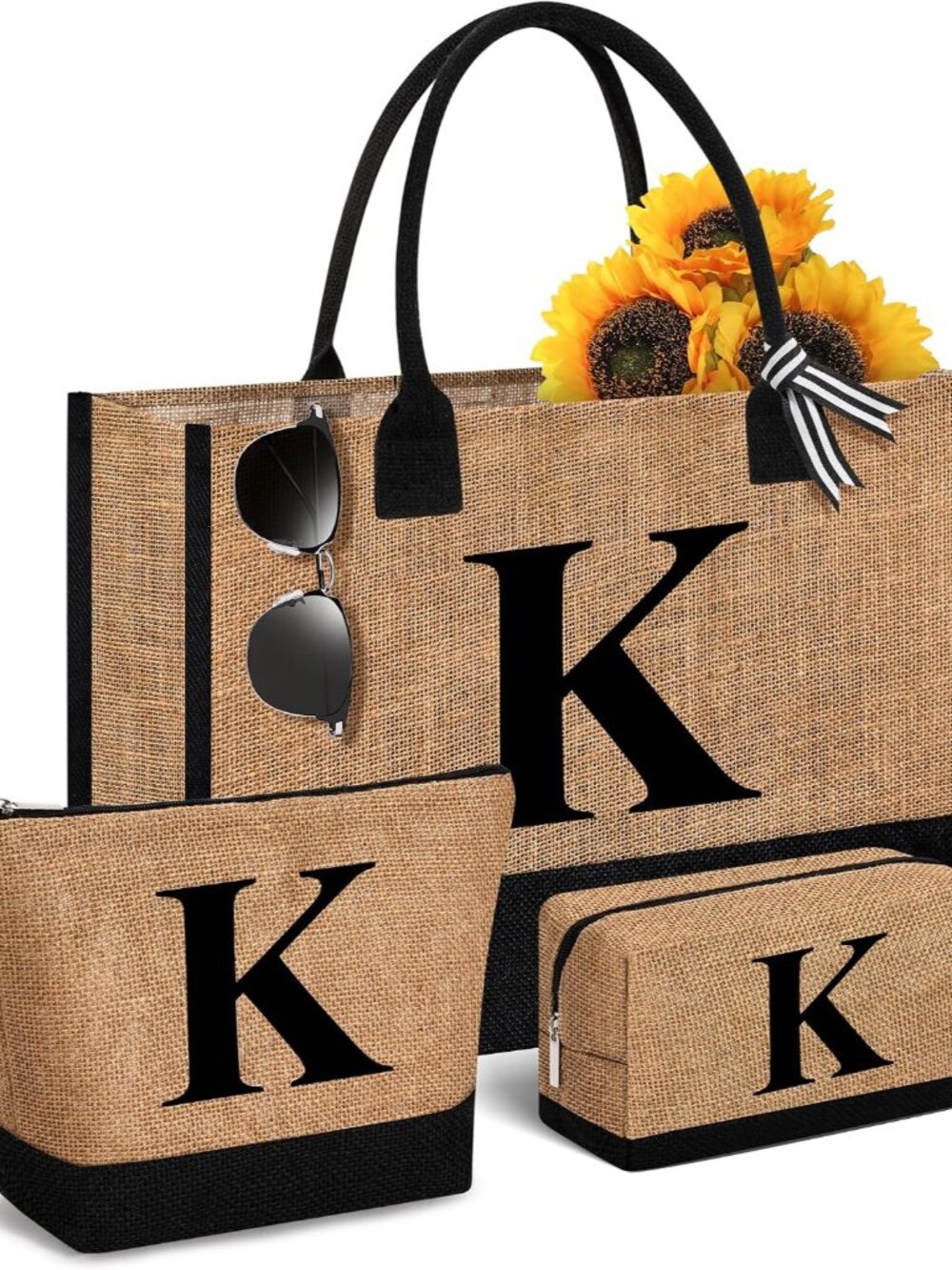 Initial Canvas Jute Tote Bag for Women, Monogrammed 3-Piece Gift Bag Set with Ma